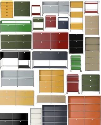 USM-style modular cabinet color options available at Derlook Furniture — including olive green, navy, red, yellow, and beige configurations.