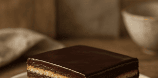 Νηστίσιμη σοκολατένια τούρτα ψυγείου με μπισκότα και κρέμα κακάο σε πιάτο