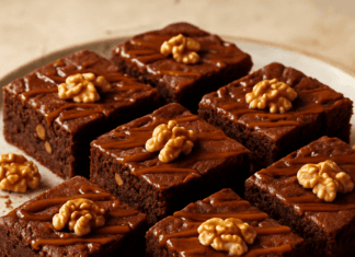 Καρύδινο brownie σοκολάτας σε κομμάτια με γυαλιστερή καραμέλα από πάνω, σε πιάτο σερβιρίσματος