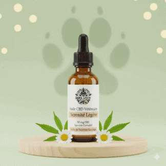 Flacon d'huile CBD Sérénité Légère 50mg (0.5%) pour chat et petit chien. Base Huile de Saumon Bio Arom'a Louin, idéal pour l'initiation.