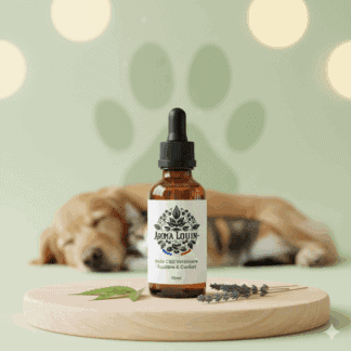 Flacon d'huile CBD Spectre Complet 100mg Arom'a Louin, base Huile de Saumon, pour l'équilibre et le confort articulaire du chien et du chat.