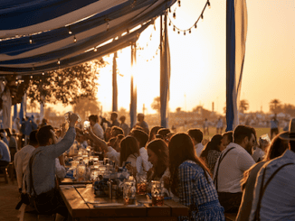 Oktoberfest DUbai 2026 - feiernde Menschen sitzen im Sonneniuntergang in einem Biergarten in Dubai