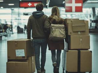 Schweiz nach Dubai auswandern - 2 Schweizer stehen mit gepackten Koffern am Flughafen um nach Dubai auszuwandern