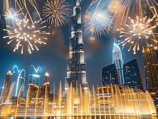 Silvester in Dubai - das große Feuerwerk am Burj Khalifa mit der Fontäne im Vordergrund