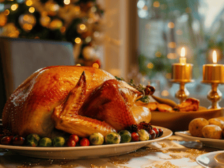 Turkey Takeaway in Dubai - auf einer festlich geschmückten Tafel steht ein Truthahn samt Beilagen.