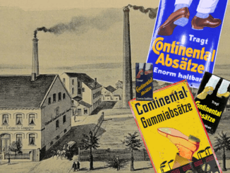 Eine Sepia-Illustration einer alten Fabrik mit Schornsteinen ist mit farbenfrohen Vintage-Werbungen für Continental-Schuhe und Gummisohlen in deutscher Sprache überlagert, die Schuhillustrationen, eine hochhackige Sohle und kräftigen gelben und blauen Text zeigen.