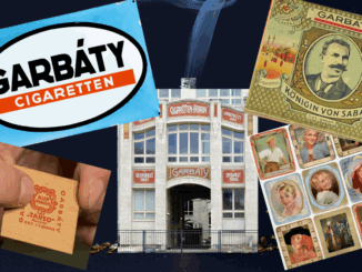 Eine Collage mit dem historischen Fabrikgebäude von Garbáty in der Mitte, umgeben von alten Anzeigen des Berliner Zigarettenimperiums, einer alten Streichholzschachtel, Sammelkarten und einem großen „Garbáty Cigaretten“-Logo, alles vor einem dunklen Hintergrund.