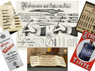Eine Collage aus Werbung für Vintage-Federfedern, Kalligrafiebeispielen, Tintenfässern, verzierten Goldfeder-Ausstellungen, deutschen Inschriften, Abbildungen von Händen, die mit Schreibfedern schreiben, und altmodischen Strichen ruft ein historisches europäisches Schreibthema hervor.