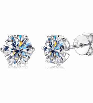 Fenroe Studs moissanite earrings in 925 sterling silver shown from the front and side