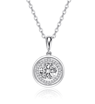 Front view of the silver Lyrane Halo Pendant Necklace by GLAMAVERA with a round moissanite center and pavé halo
