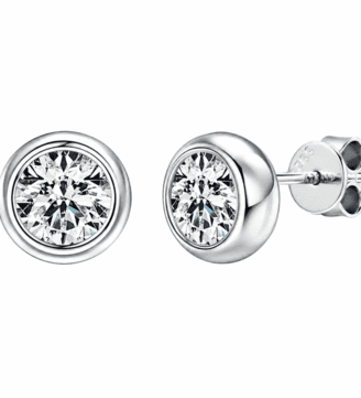 Front and side view of Torvane moissanite bubble stud earrings in polished 925 sterling silver