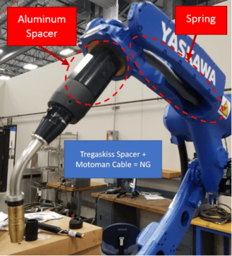 Image showing an improper setup with Tregakiss spacer and Motoman cable which will result in a cable that will be too short.