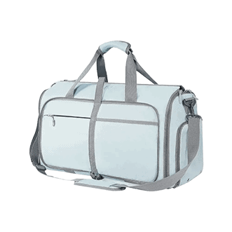Light gray travel duffel bag with shoulder strap and side pockets