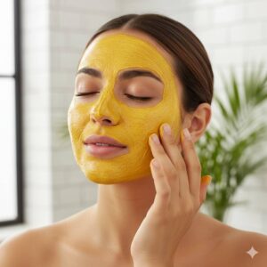 Woman applying turmeric face mask to cheek with finger