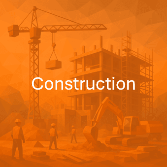 Illustration of a construction site with cranes, scaffolding, and workers, representing the construction industry