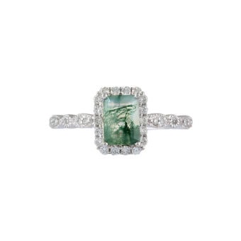 Vintage Inspired Emerald Cut Moss Agate Ring - Lindsey