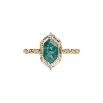Vintage Inspired Hexagon Cut Ring In Moss Agate - Octavia