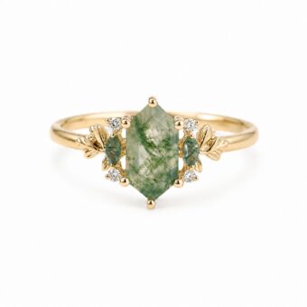 Hexagon moss agate engagement ring with botanical leaf details