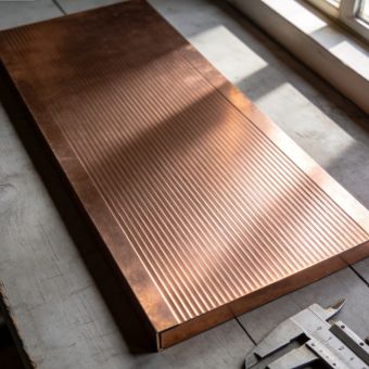 Copper plate stock with machined surface and measuring caliper