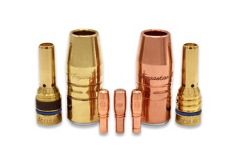 Product image of AccuLock R consumables including nozzles, contact tips, gas diffusers