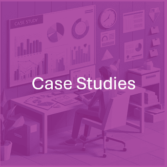 Illustration of an office workspace with charts, graphs, and case study documents displayed on a wall, symbolizing business analysis, performance metrics, and strategic research.