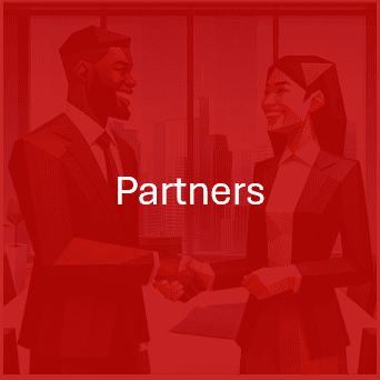 Illustration of two business professionals shaking hands in an office setting with the word Partners displayed.