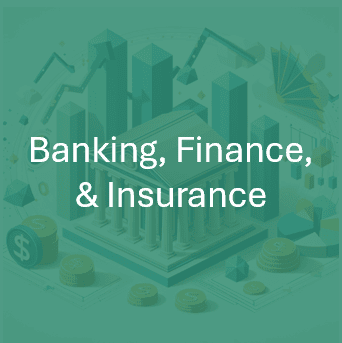 Illustration representing banking, finance, and insurance with a classical bank building, coins, bar charts, and financial icons.