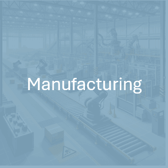 Illustration of an advanced manufacturing facility with robotic arms, conveyor belts, and industrial equipment, symbolizing automated production, smart factories, and modern manufacturing technology.