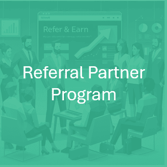 Illustration of a business meeting promoting a referral partner program with charts and a Refer & Earn display in the background.