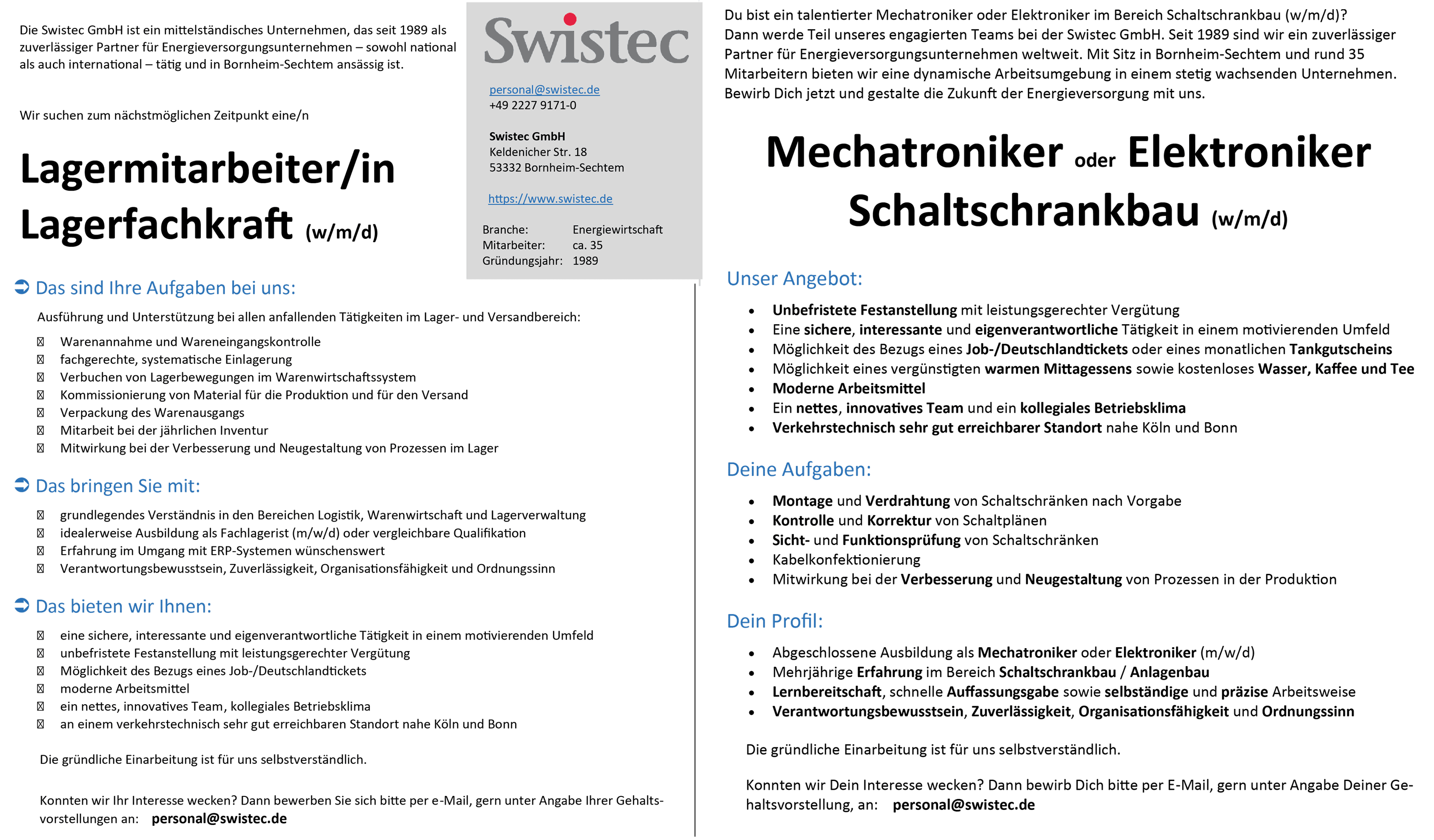 Stellenangebote: Lagermitarbeiter (w/m/d), Mechatroniker oder Elektroniker Schaltschrankbau (w/m/d)