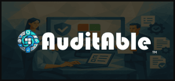 AuditAble logo displayed over an illustration of a computer screen with compliance checklist, security shield, and gear icons representing regulatory management and secure auditing.