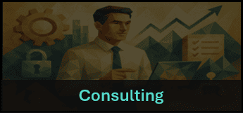 Consulting illustration with gears, padlock, checklist, and upward graph for business growth.