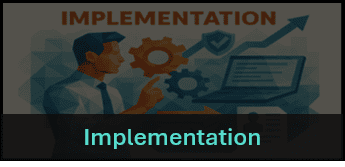 Implementation concept illustration featuring gears, upward trending arrow, and laptop screen representing process execution and system integration.
