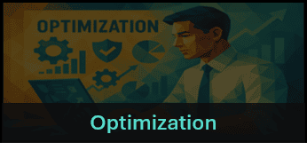 Optimization concept illustration featuring gears, shield with checkmark, pie chart, and upward trending graph representing process improvement and efficiency.