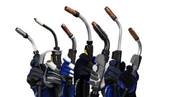 Shot of Bernard gun offering in a row with each being held by a different gloved hand