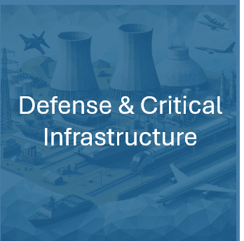 Illustration of critical infrastructure including cooling towers, airplanes, train, and cargo ship, symbolizing defense, transportation, and energy sectors with emphasis on national security and operational resilience.