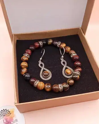 Parure Triple Protection & Confiance – Œil de Tigre & Œil de Faucon – bracelet multi-pierres & boucles d&rsquo;oreilles