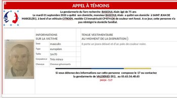 Tarn, la Gendarmerie recherche un homme de 75 ans, disparu