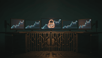 Symbolbild: abgedunkelter Trading-Arbeitsplatz mit Kurscharts und halb geschlossenem Tor als Sinnbild für eingeschränkten Börsenzugang