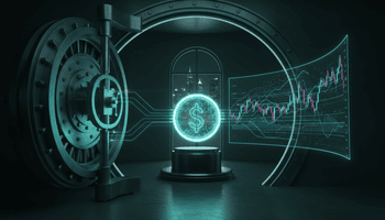 Digitale Dollar-Münze in einem Banktresor, mit Lichtstrahlen zu einem Handelsbildschirm verbunden – Symbolbild für die Verwahrung von Stablecoins und gespiegelte Sicherheiten