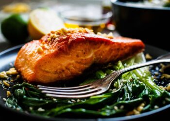 Glazed salmon with greens