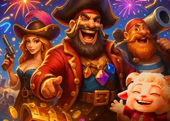 Permainan mesin slot pulau harta karun lanun berwarna-warni yang menampilkan simbol seperti syiling emas, peti harta karun dan kapal lanun.