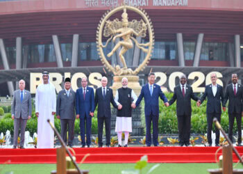 PM in a group photograph with BRICS leaders on the sidelines of the 18th BRICS Summit at Bharat Mandapam, in New Delhi on September 12, 2026.
