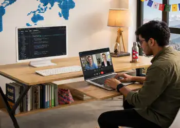 Nepali software developer working remotely on a laptop for an international client