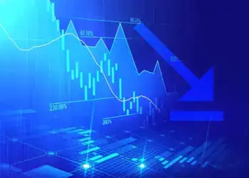 A blue stock market chart showing falling prices and a large downward arrow, illustrating a market decline where investors might consider averaging down on NEPSE stocks.