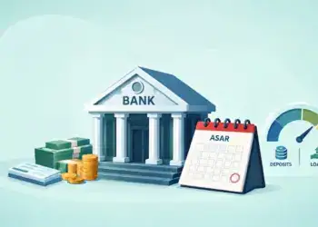 Illustration of a bank during Nepal’s Asar-end fiscal year, showing deposits, loans, money, financial documents, an Asar calendar, and a banking liquidity gauge.