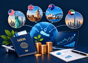 NRN investment in Nepal illustrated with US, UK, Australia and UAE connections, Nepal globe, passport, investment coins, stock growth chart and financial documents