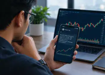 Investor checking broker stock tips on a smartphone with a NEPSE-style trading chart in the background