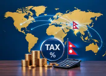 World map showing international money flows toward Nepal with a tax symbol, Nepal flag, coins, and calculator representing NRN investment taxation and DTAA
