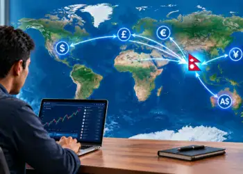NRN investor working on a laptop with a global map showing international money flows converging on Nepal, representing foreign-currency investment and remittance to Nepal